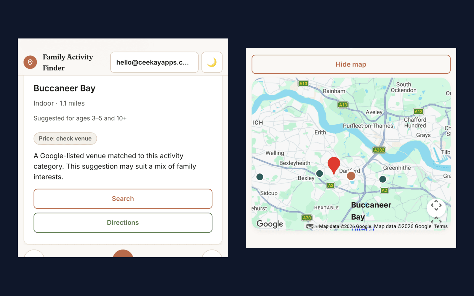 Family Activity Finder search results and map for activities in Kent