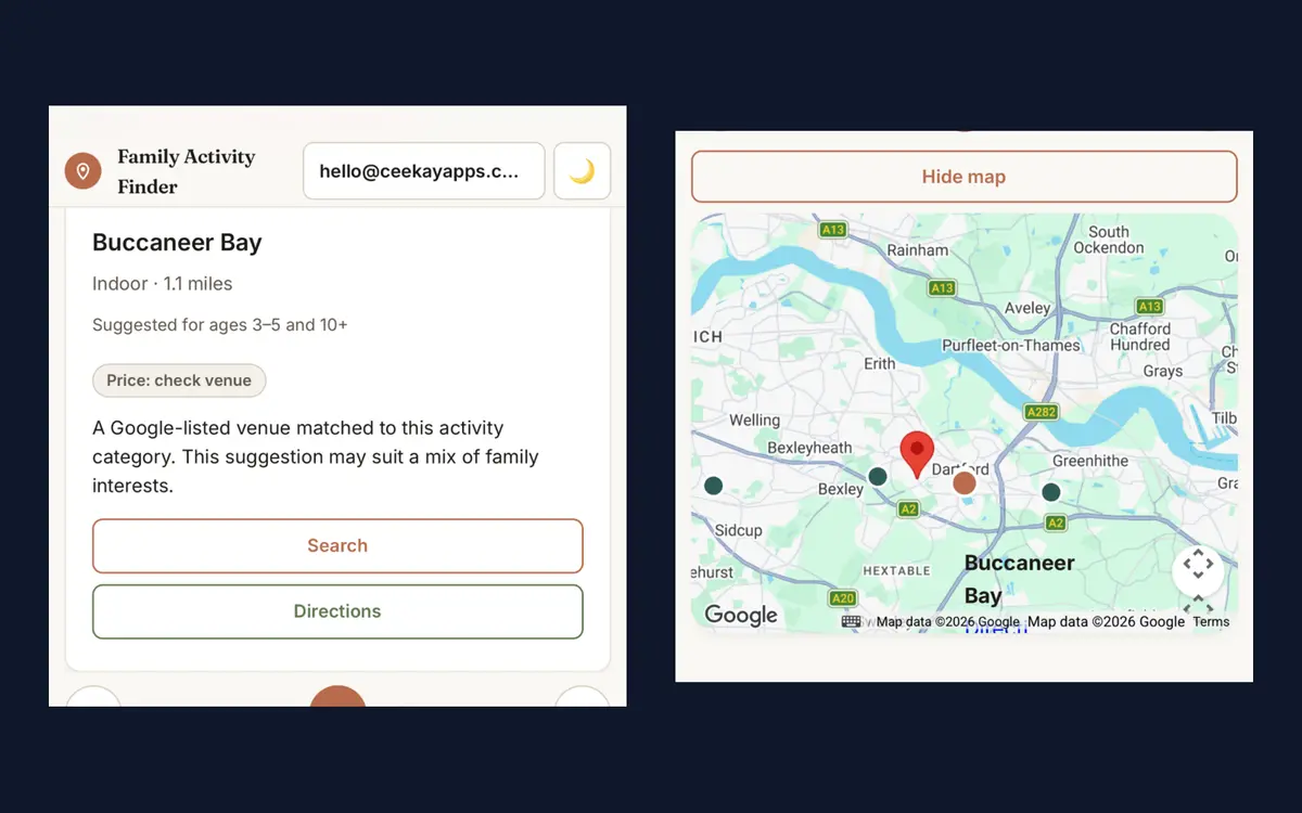 Family Activity Finder search results and map for activities in Kent