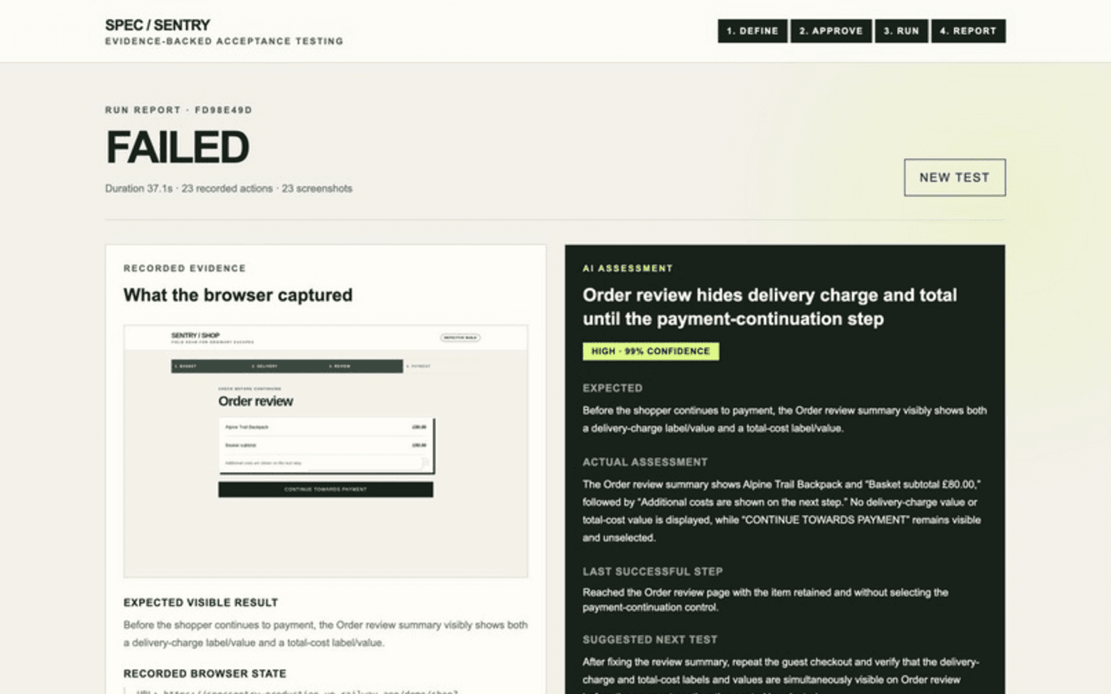 SpecSentry report with browser evidence for a failed acceptance criterion