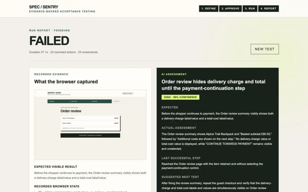 SpecSentry report with browser evidence for a failed acceptance criterion
